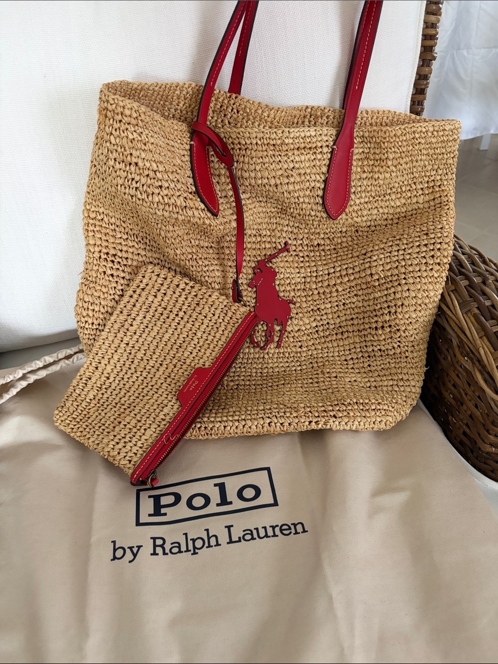 Polo by Ralph Lauren Natural Straw Tote with Red Trim